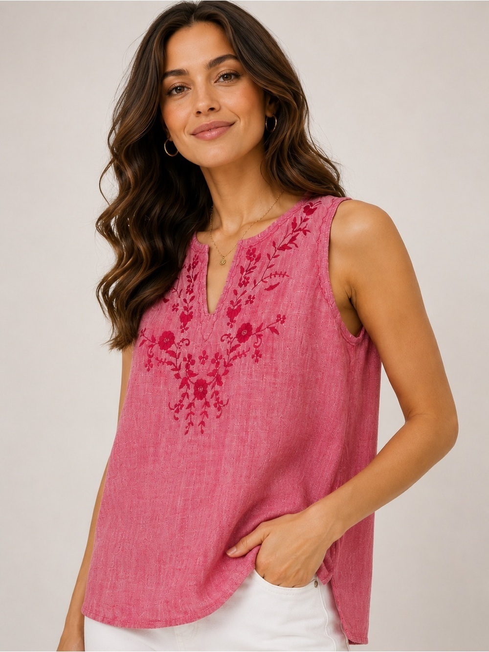 Carole Little Pink Linen Embroidered Sleeveless Tunic Top Size Large